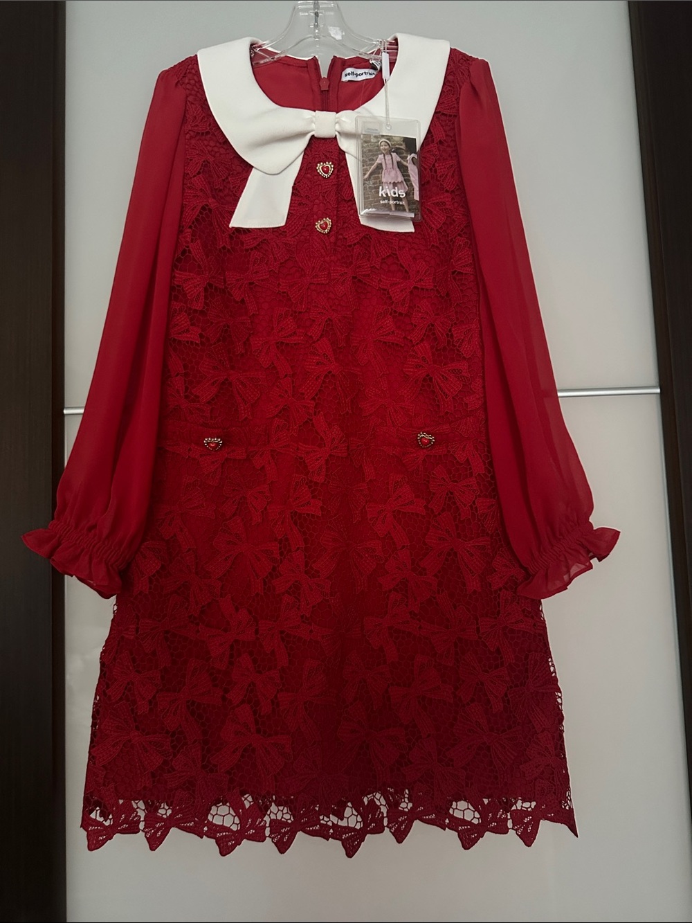 Self-Portrait Red Lace Dress with White Bow Collar Accent